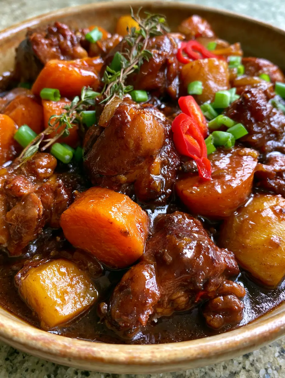 Photo prise au smartphone d'un poulet brown stew dans un bol rustique avec vapeur montante. (poulet brown stew)