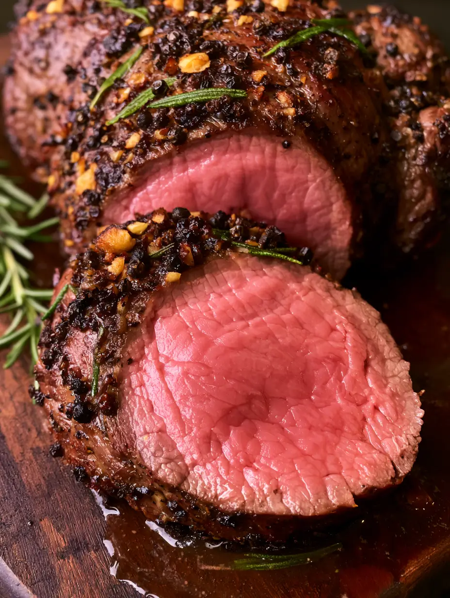 Vue détaillée de la croûte caramélisée d'un rôti de bœuf avec des grains de poivre et de l'ail doré.