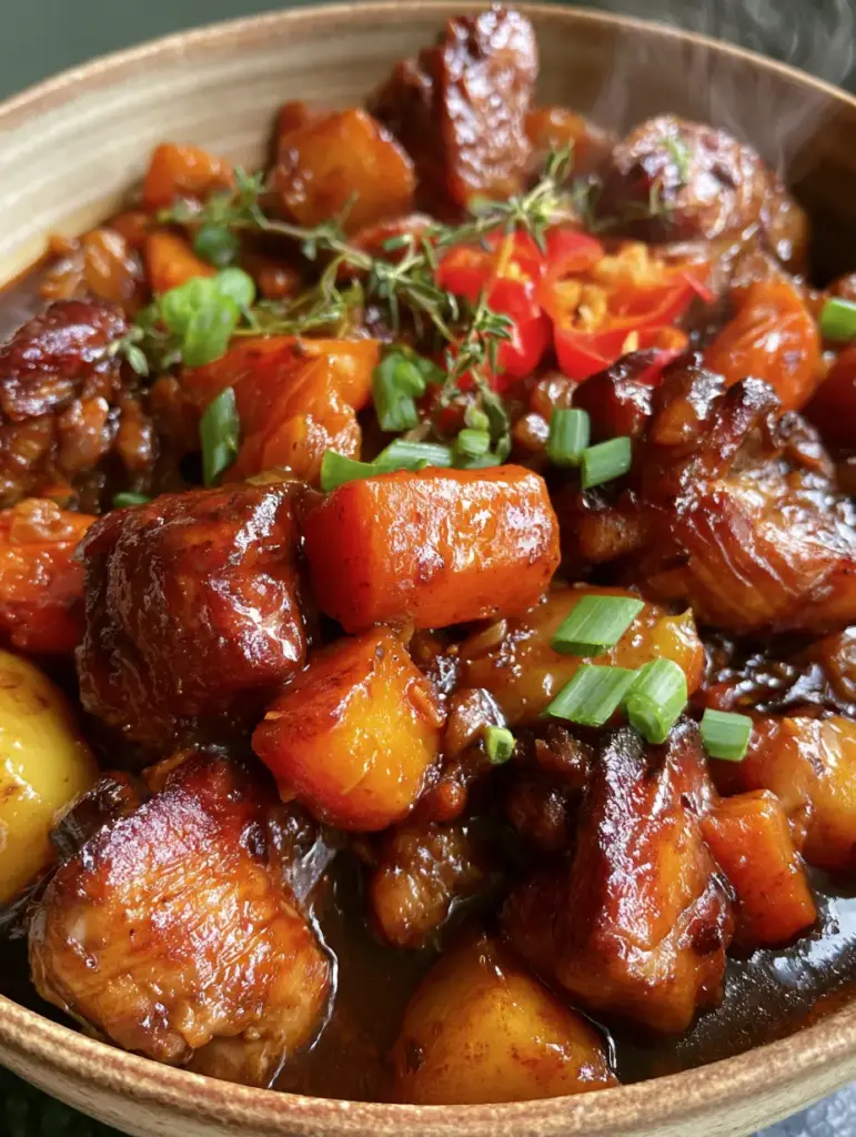 Texture brillante de la sauce acajou du poulet brown stew avec thym frais et piment.