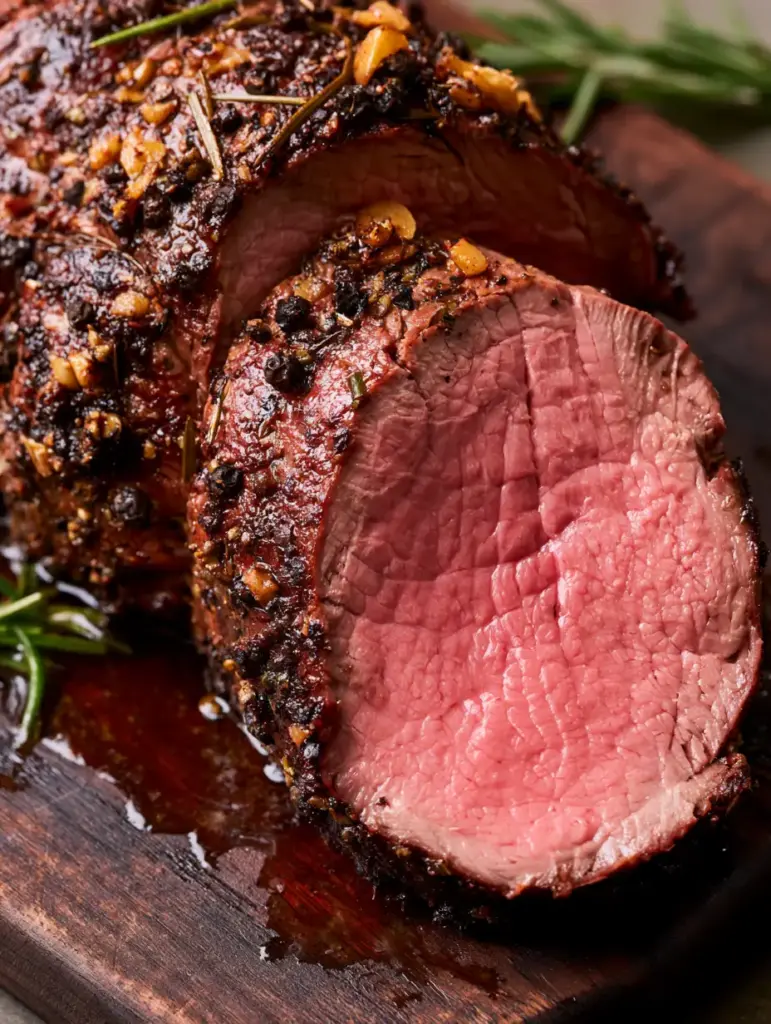 Tranches de rôti de bœuf medium-rare révélant un intérieur rose tendre et des jus naturels sur une planche sombre.
