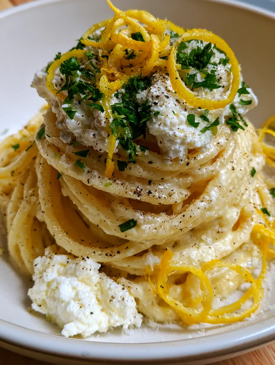 Détail de la sauce glossy et des grains de poivre noir sur les spaghetti citron et ricotta.