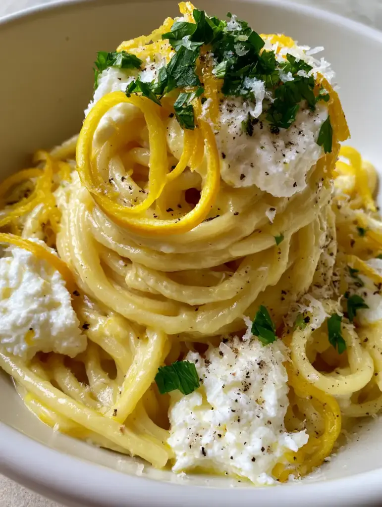 Vue aérienne de la ricotta floconneuse sur un tourbillon de spaghetti citron et ricotta.