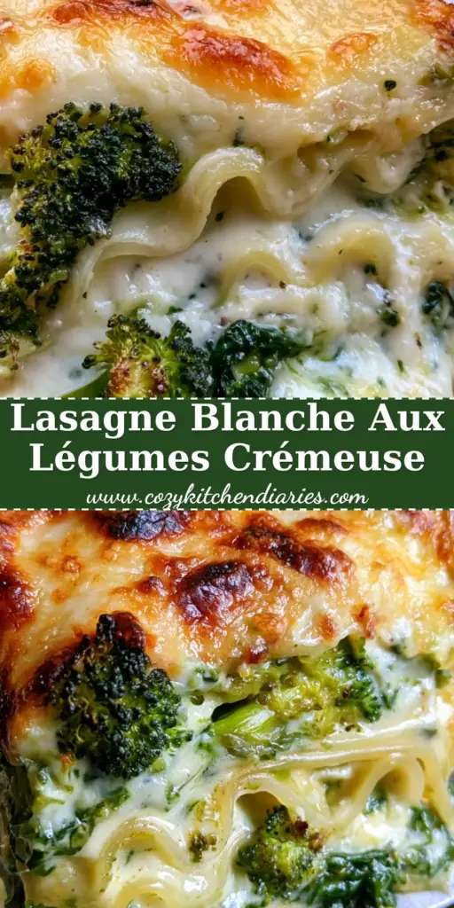 Une part de lasagne blanche aux légumes avec des couches de brocoli et une croûte de fromage dorée soulevée par une spatule.