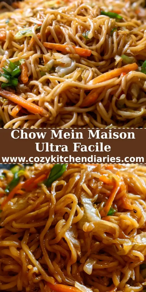 Chow mein au poulet : La recette authentique aux nouilles sautées et légumes croquants 4 Gros plan d'un bol de chow mein fumant avec des nouilles brillantes, du poulet et des légumes croquants, servi avec des baguettes en bois.