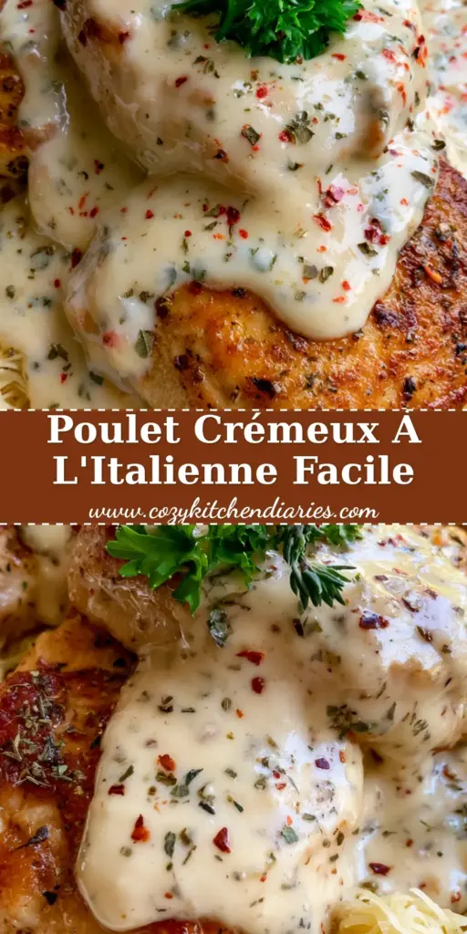 Assiette de poulet à litalienne doré sur un lit de pâtes cheveux d'ange avec sauce crémeuse et herbes.