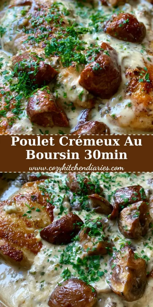 Poulet au Boursin : La Recette Ultime de Poulet Crémeux aux Champignons Caramélisés 4 Blancs de poulet dorés nappés d'une sauce veloutée au Boursin et champignons dans une poêle rustique. (poulet au boursin)