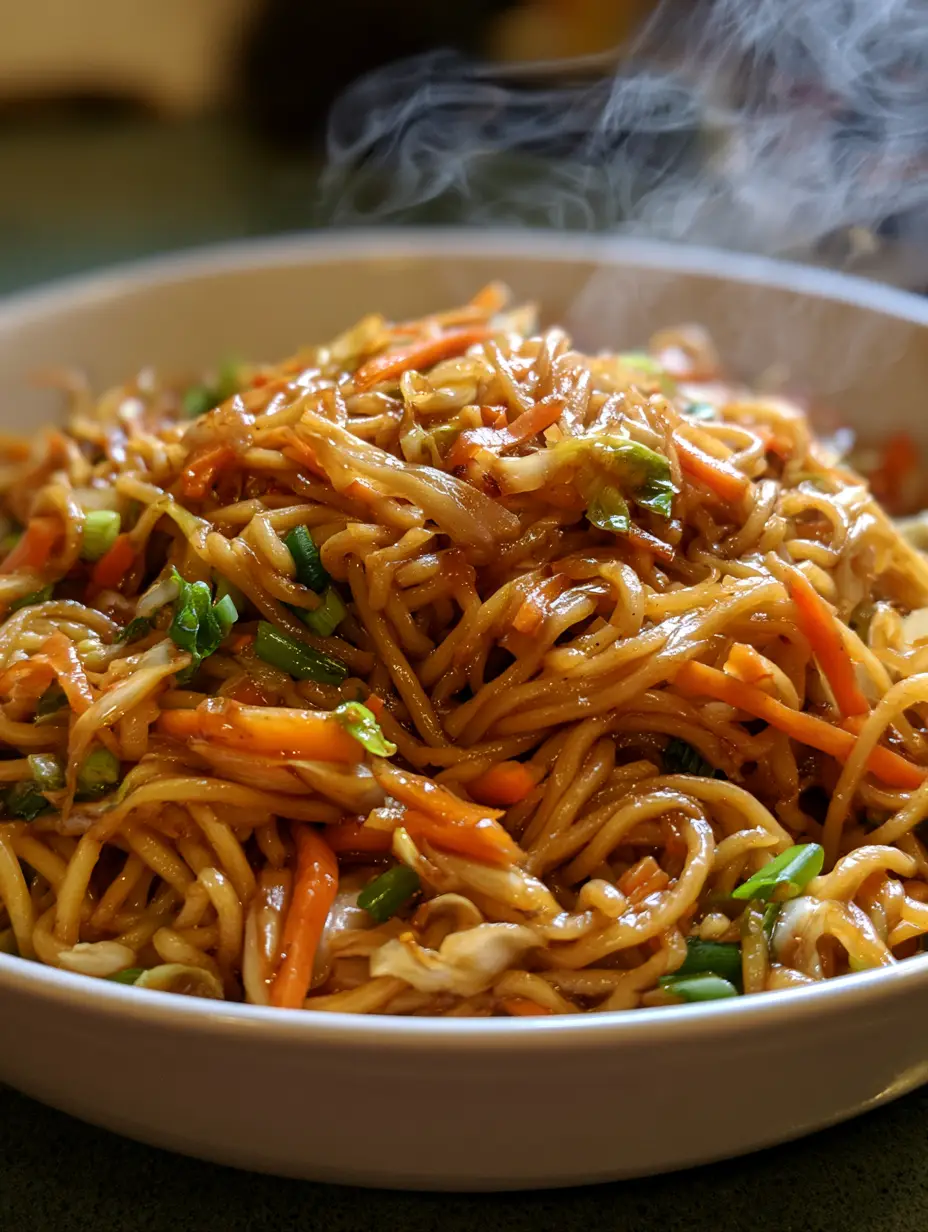 Chow mein au poulet : La recette authentique aux nouilles sautées et légumes croquants 3 Vue rapprochée de nouilles chow mein enrobées de sauce brune avec des juliennes de carottes et du chou.