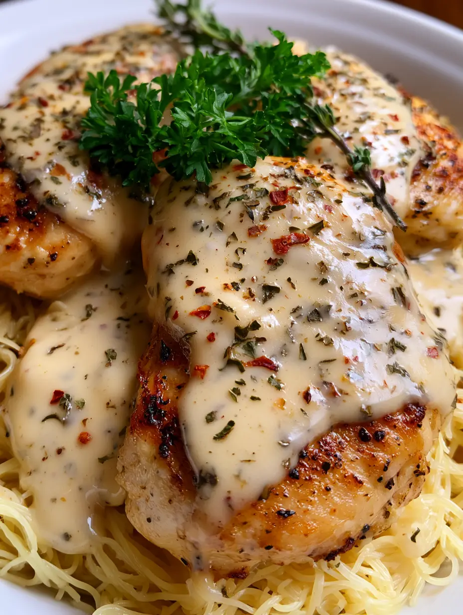 Gros plan sur un filet de poulet à litalienne nappé de sauce ivoire aux herbes et flocons de piment.