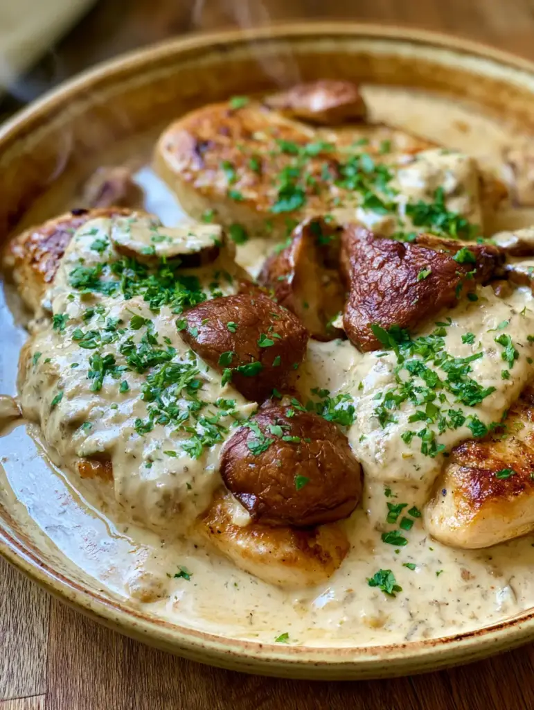 Poulet au Boursin : La Recette Ultime de Poulet Crémeux aux Champignons Caramélisés 2 Vue rapprochée de poulet au boursin saisi à la poêle avec des volutes de vapeur et persil frais. (poulet au boursin)
