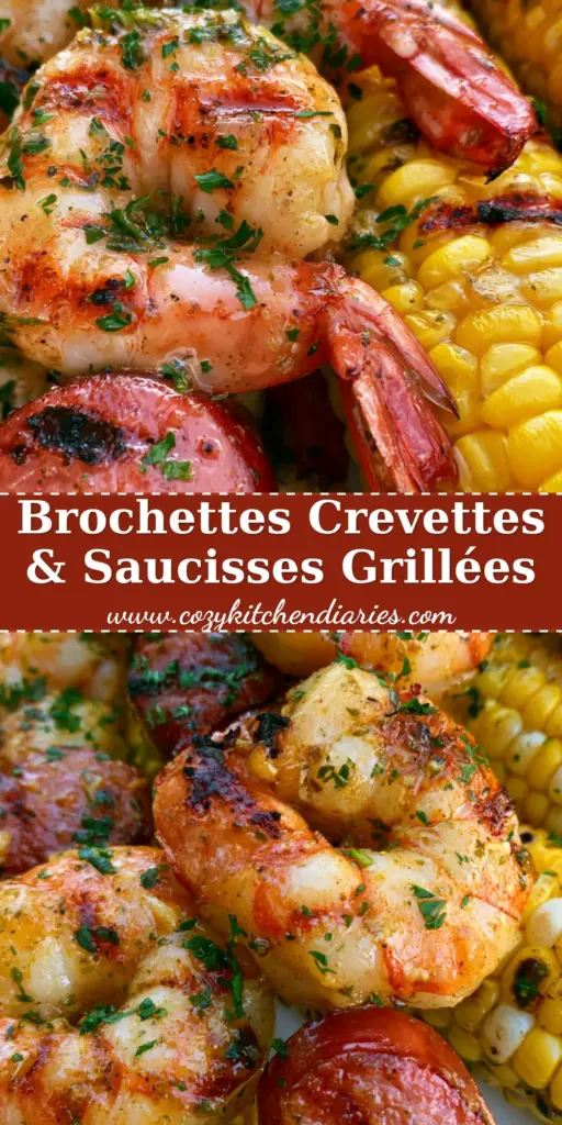 Gros plan extrême de brochettes crevettes et saucisses grillées avec maïs caramélisé et beurre à l'ail. (brochettes crevettes et saucisses)