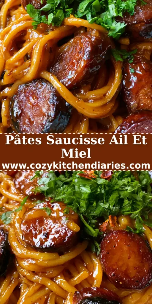 Gros plan sur un bol de pâtes à la saucisse avec un glaçage brillant miel et ail, parsemé de persil frais.