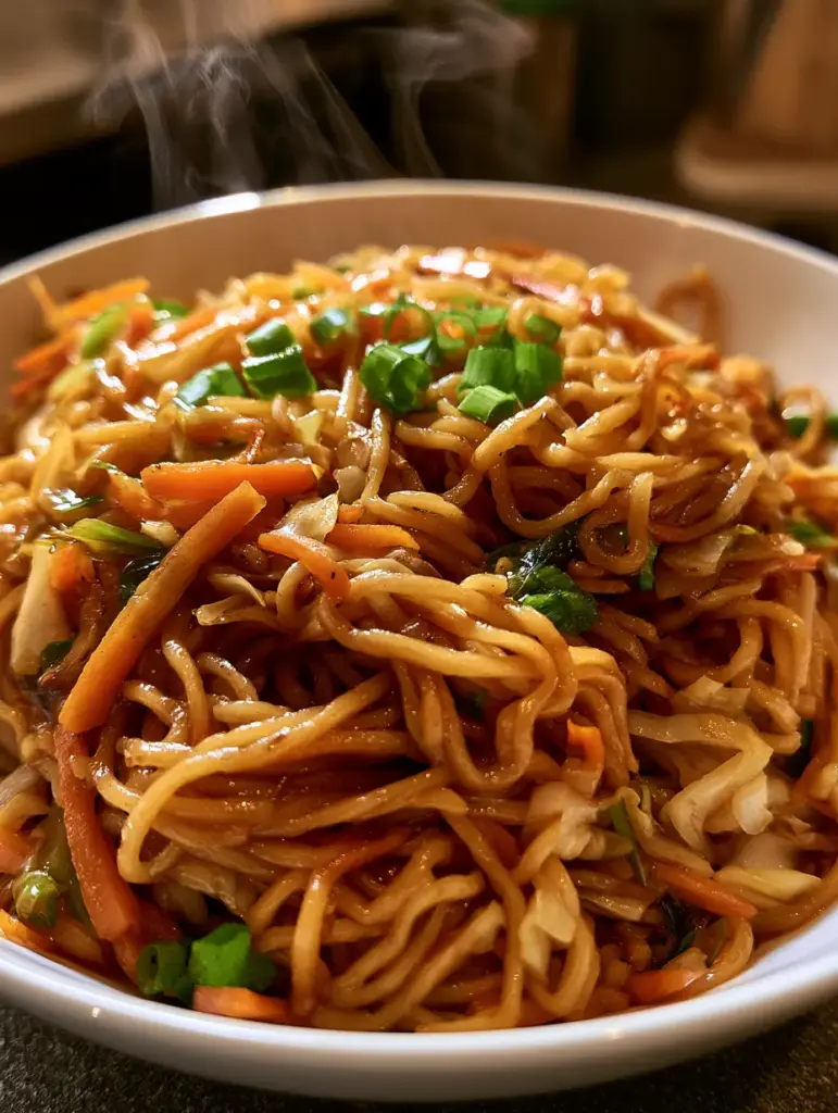 Chow mein au poulet : La recette authentique aux nouilles sautées et légumes croquants 1 Un bol en céramique sombre rempli de chow mein au poulet avec de la vapeur s'échappant du plat.