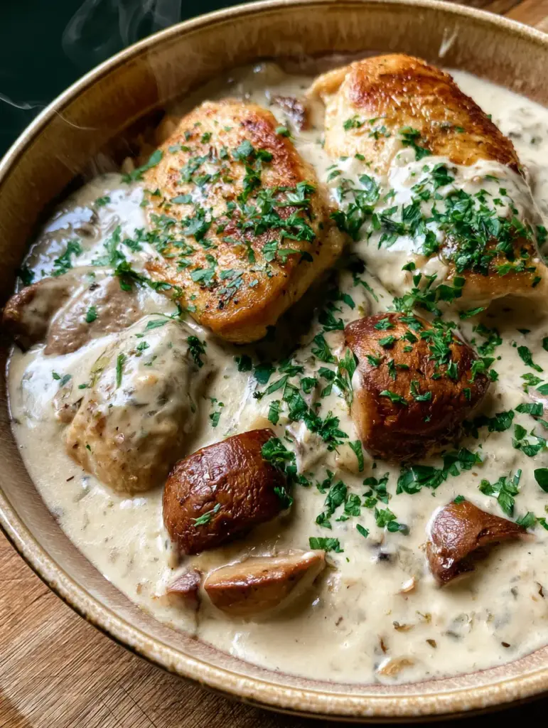 Poulet au Boursin : La Recette Ultime de Poulet Crémeux aux Champignons Caramélisés 1 Détail de champignons caramélisés et poulet au boursin dans une cuisine baignée de lumière naturelle.