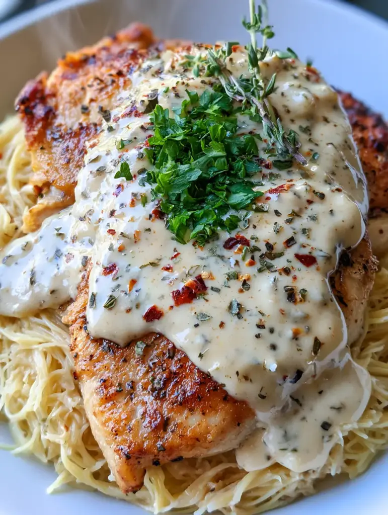 Présentation élégante du poulet à litalienne avec garniture de persil frais et thym.