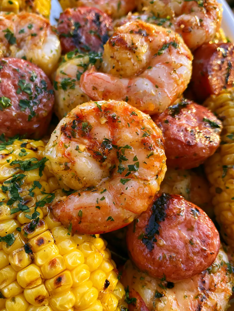 Vue détaillée des crevettes tigrées luisantes de beurre d'ail avec des marques de grillade. (brochettes crevettes et saucisses)