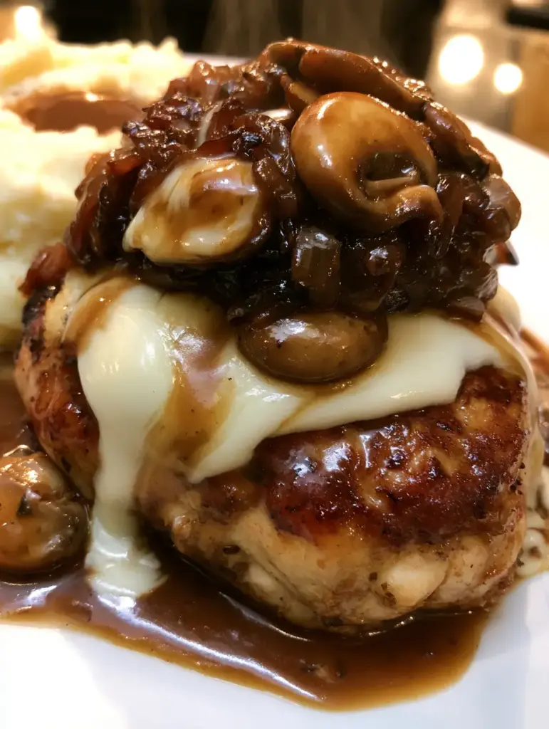 Poulet Smothered : La Recette Ultime au Fromage Fondu et Sauce Brune 2 Photo smartphone authentique d'un plat de poulet smothered avec vapeur montante. (poulet smothered)