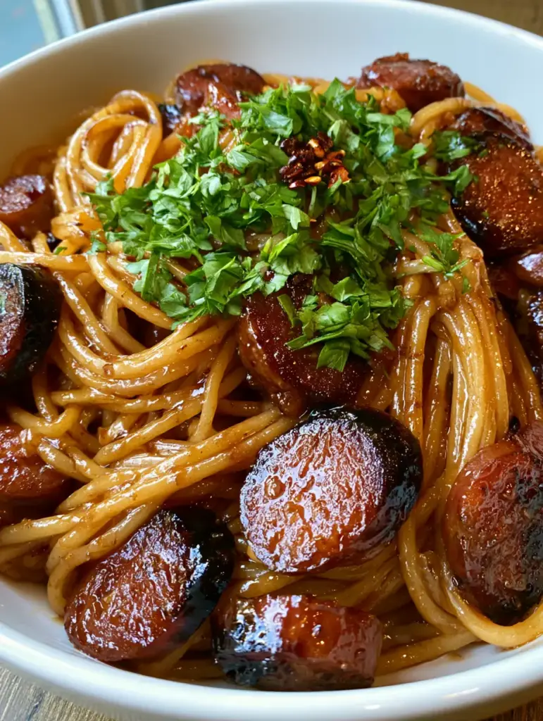 Détail des rondelles de saucisse caramélisées mélangées aux spaghetti dans un bol en céramique.