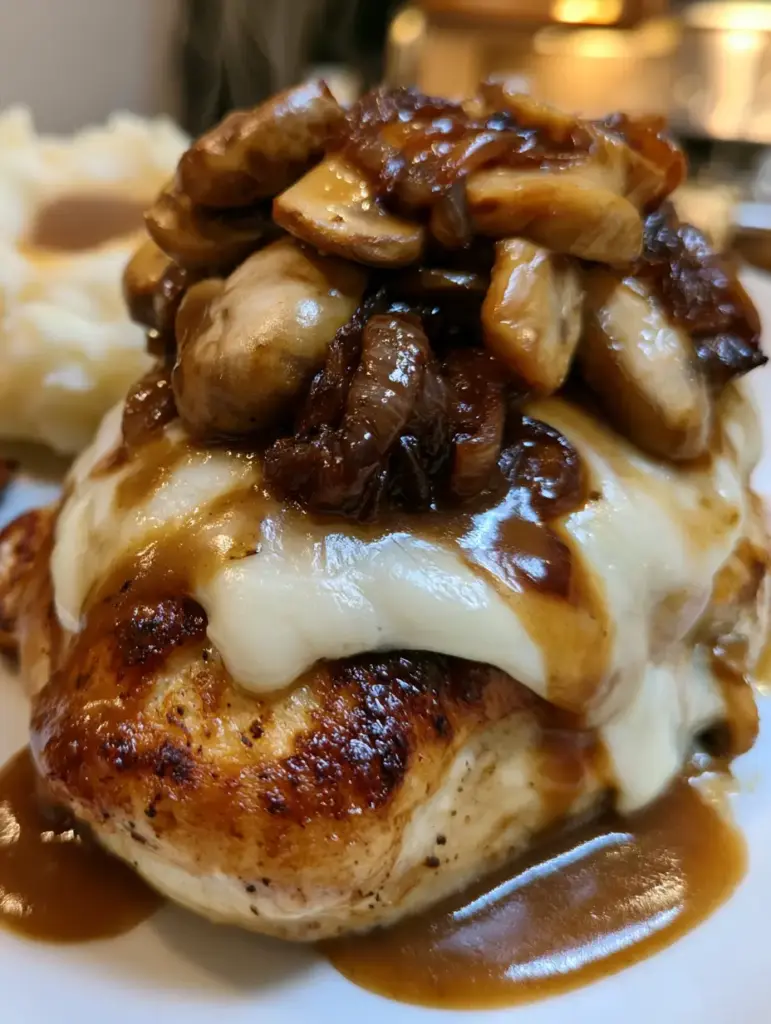 Poulet Smothered : La Recette Ultime au Fromage Fondu et Sauce Brune 1 Détail des champignons cremini et oignons caramélisés sur un poulet smothered.