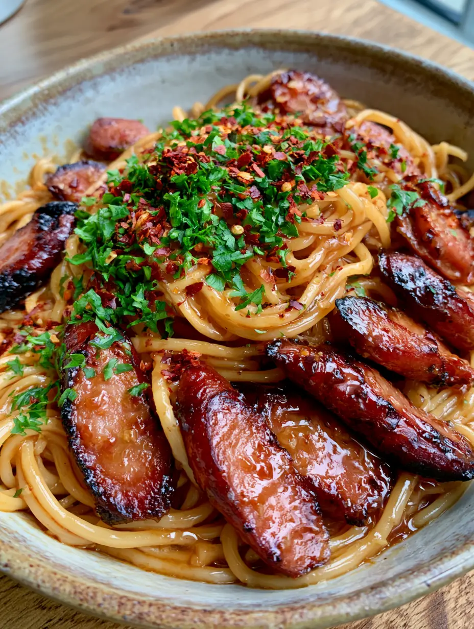 Gros plan sur des tranches de saucisse fumée saisies et des spaghettis enrobés de sauce miel-ail. (pâtes à la saucisse)