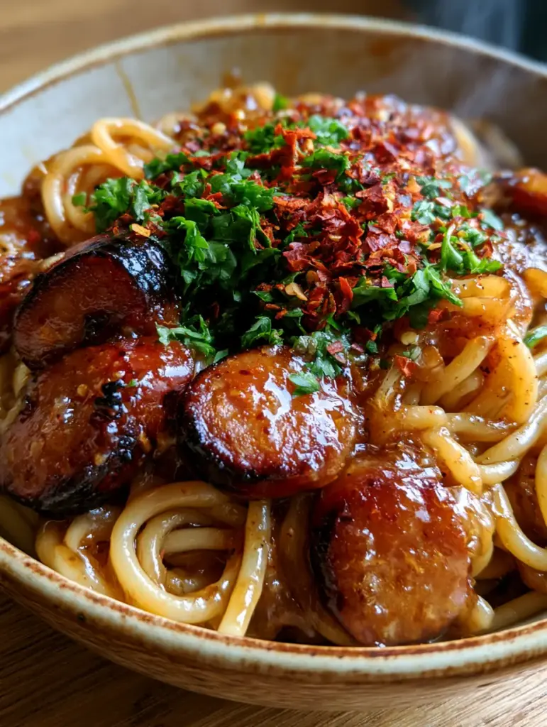 Vue de dessus d'un bol de pâtes à la saucisse fumée, parsemé de persil et de flocons de piment.