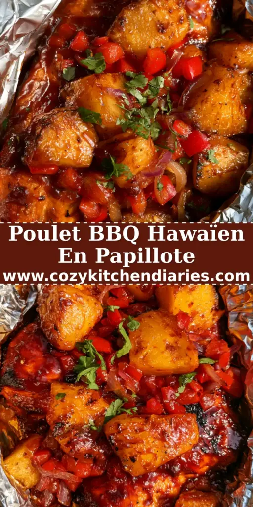 Poulet BBQ Hawaïen : La Recette Ultime en Papillote pour un Poulet Juteux et Caramélisé 3 Vue de dessus d'une papillote de poulet bbq hawaïen ouverte avec ananas caramélisé et poivrons rouges sur une table en bois.