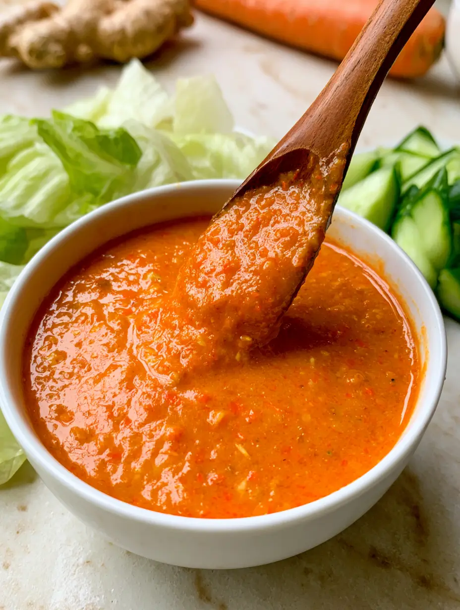 Sauce salade japonaise au gingembre et carottes : La recette authentique 3 Texture pulpeuse d'une sauce salade japonaise maison riche en carottes et gingembre frais. (sauce salade japonaise)