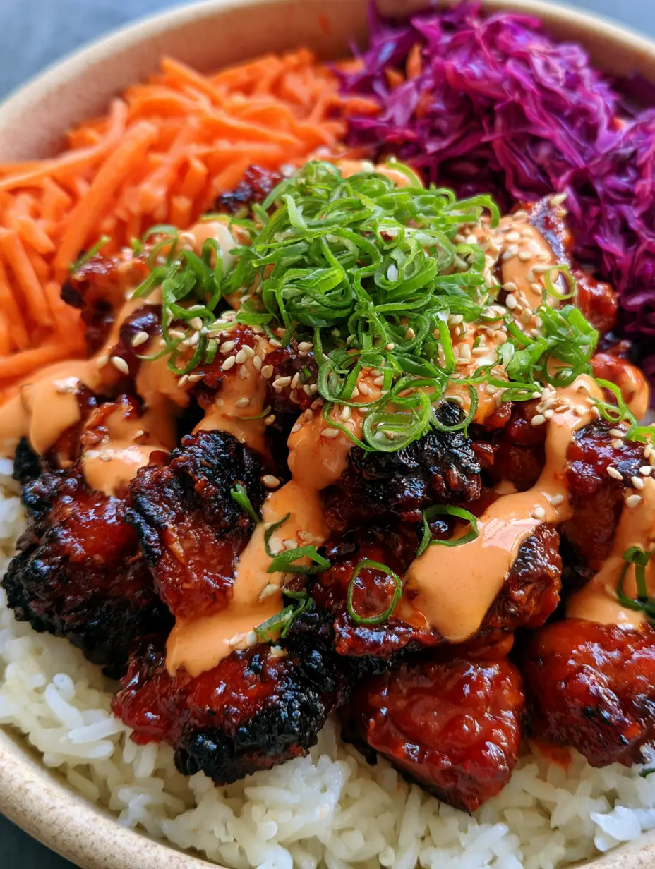 Gros plan sur le poulet bbq coréen caramélisé avec sa sauce onctueuse.