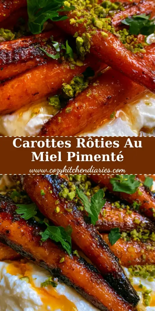 Gros plan sur des carottes rôties entières au miel piquant sur un lit de ricotta fouettée avec pistaches et persil.