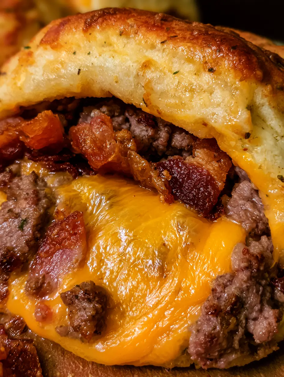 Photo prise au smartphone d'une coupe transversale d'une bombe bacon cheeseburger montrant la viande juteuse et le fromage coulant.