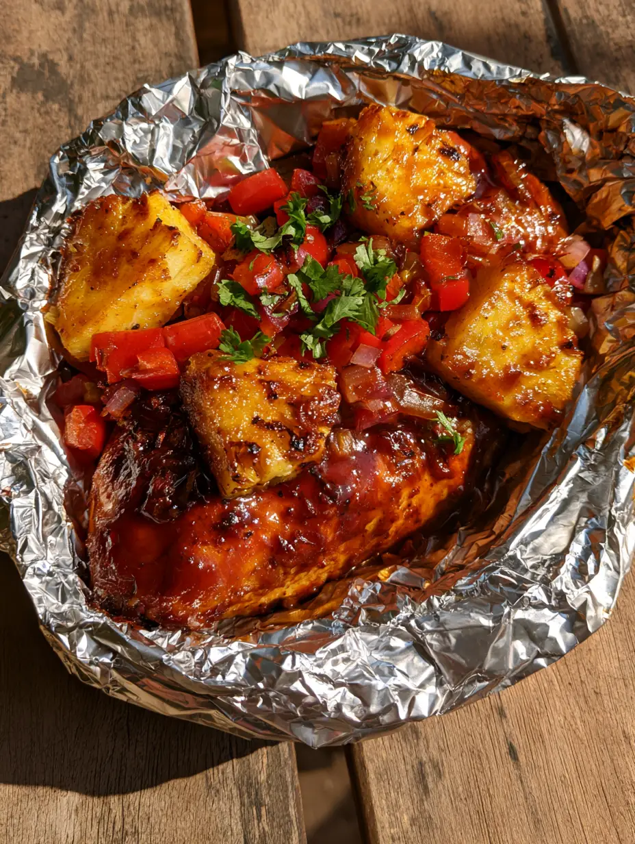 Poulet BBQ Hawaïen : La Recette Ultime en Papillote pour un Poulet Juteux et Caramélisé 4 Photo smartphone d'une papillote de poulet bbq hawaïen avec glaçage brillant acajou et coriandre fraîche.