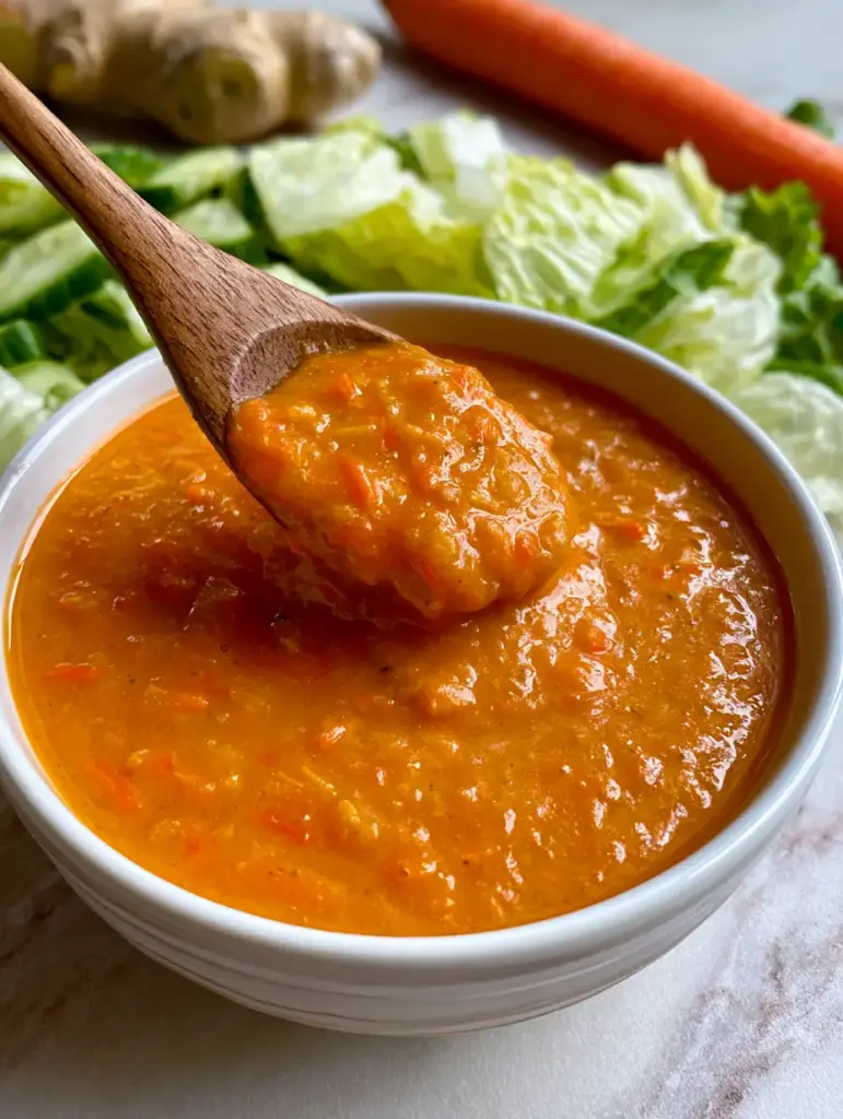 Sauce salade japonaise au gingembre et carottes : La recette authentique 1 Bol de sauce salade japonaise sur un comptoir en marbre avec des carottes et du gingembre frais en arrière-plan.