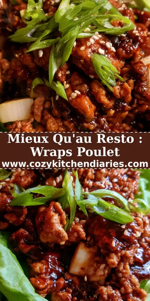 Gros plan sur des wraps poulet laitue avec un glaçage hoisin brillant, sésame et oignons verts dans une cuisine lumineuse.