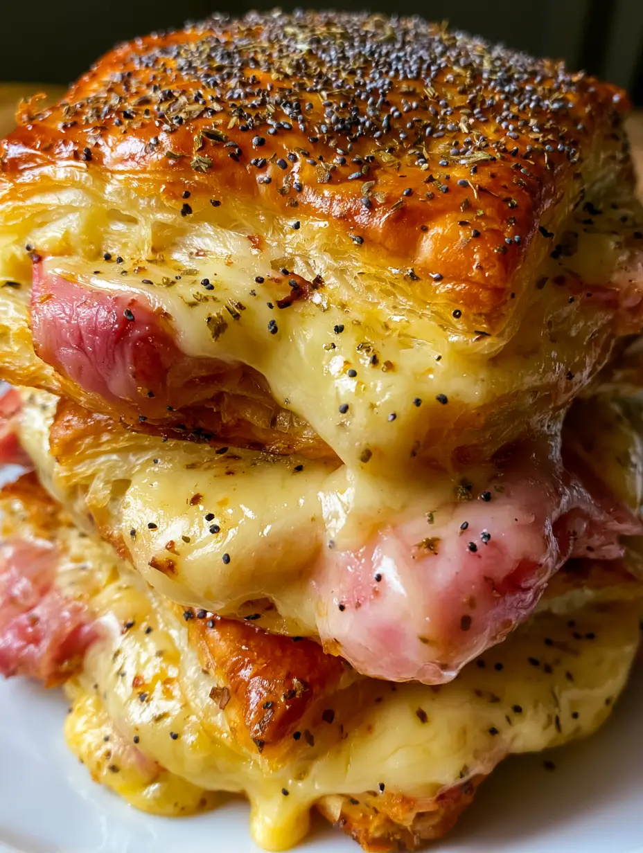 Feuilletés jambon fromage : La Recette Ultime pour un Feuilletage Artisanal et Fondant 3 Gros plan sur les couches de pâte feuilletée dorée d'un feuilletés jambon fromage avec graines de pavot.
