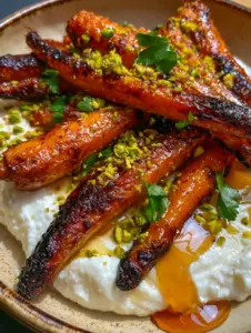 Détail de la texture des carottes rôties avec bords carbonisés et glaçage brillant au miel.