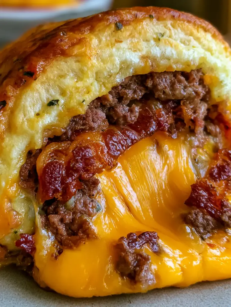 Plan macro sur la texture de la pâte à biscuits dorée et du bacon croustillant des bombes bacon cheeseburger.