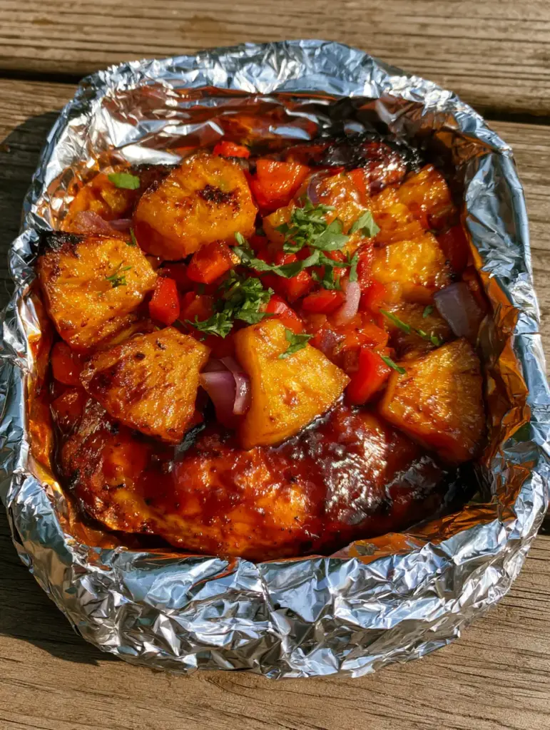 Poulet BBQ Hawaïen : La Recette Ultime en Papillote pour un Poulet Juteux et Caramélisé 1 Gros plan sur les morceaux d'ananas grillés et les slivers d'oignon rouge sur le poulet bbq hawaïen.