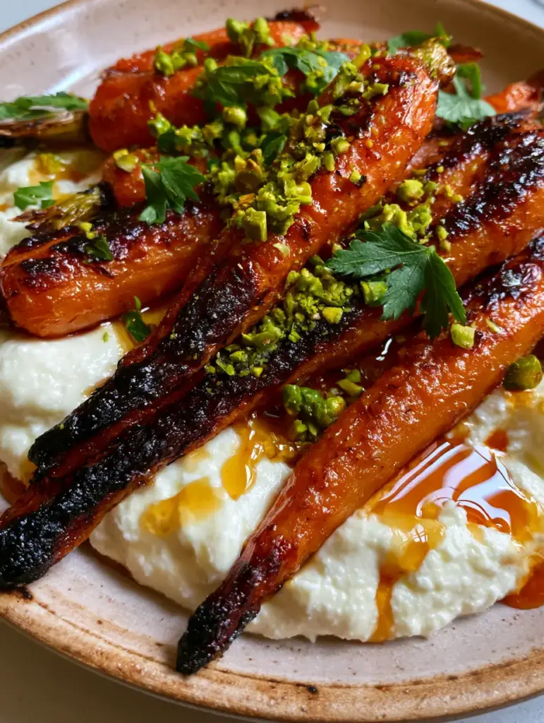 Carottes rôties déposées sur une ricotta blanche onctueuse parsemée de pistaches vertes.