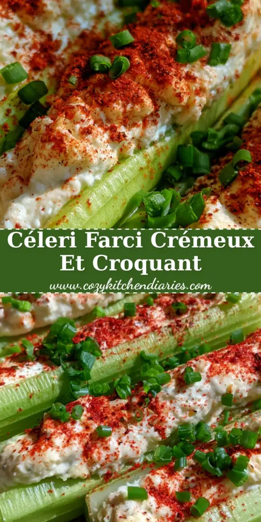 Gros plan appétissant de branches de céleri farci avec des tourbillons de fromage à la crème et une pluie de paprika rouge sur un plateau en bois.