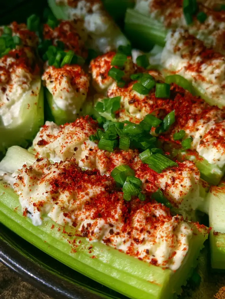 Détail des finitions herbes fraîches et paprika fumé sur un céleri farci gourmand.
