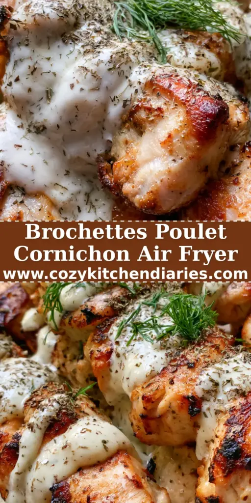 Brochettes de poulet à l'Air Fryer : Le secret d'une viande juteuse et d'une sauce ranch à l'aneth 5 Brochettes de poulet grillées à l'air fryer nappées de sauce ranch blanche et d'aneth frais sur une assiette en céramique.