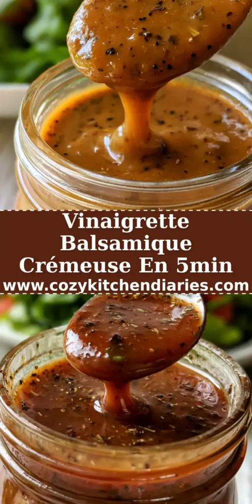 Gros plan sur une vinaigrette au balsamique crémeuse versée depuis une cuillère en argent dans un bocal rustique.