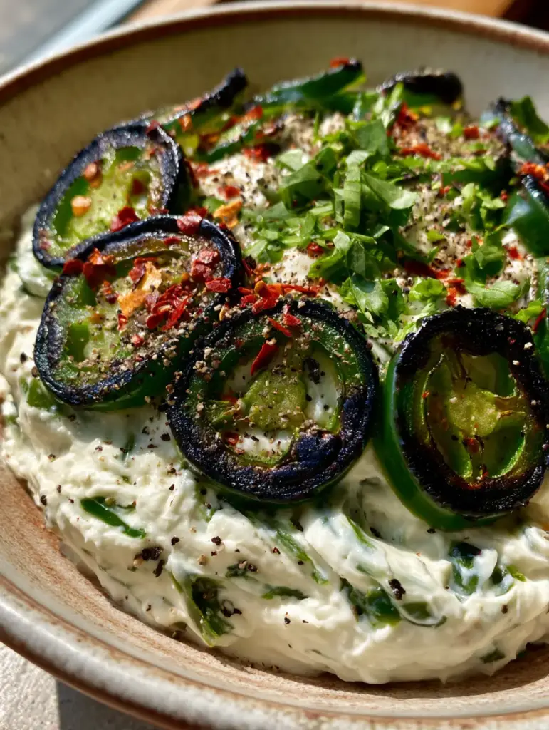 Trempette de cowboy : Le dip crémeux ultime aux jalapeños grillés 2 Photo prise au smartphone d'une trempette de cowboy dans un bol en céramique avec des jalapeños à bords noirs. (trempette de cowboy)