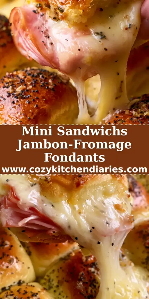 Gros plan sur un plateau de mini sandwichs jambon-fromage dorés avec un fromage suisse très filant et des graines de pavot.