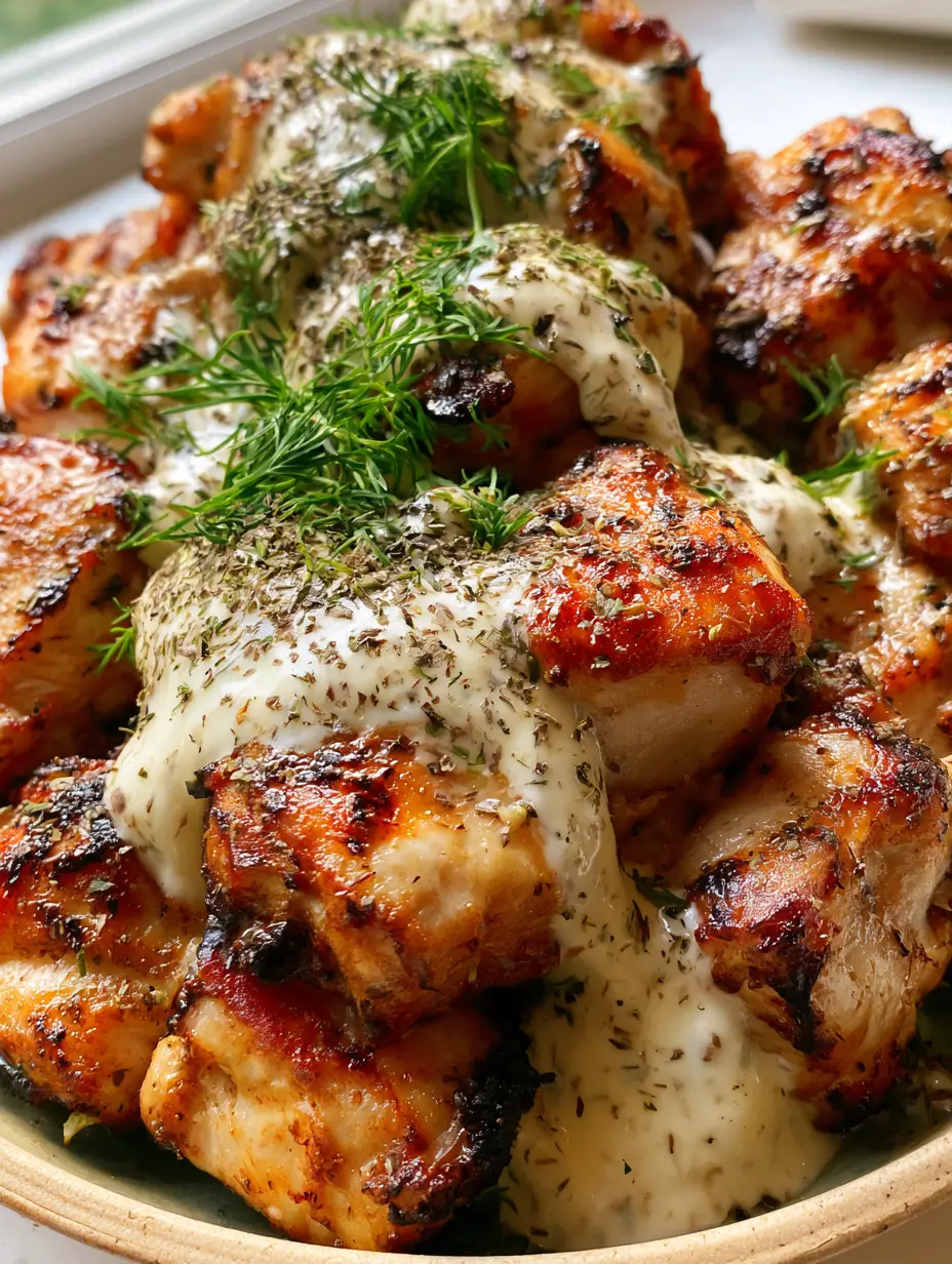 Brochettes de poulet à l'Air Fryer : Le secret d'une viande juteuse et d'une sauce ranch à l'aneth 4 Gros plan sur la texture de la viande de poulet grillée avec des marques de saisie et de la sauce ranch brillante. (brochettes de poulet)