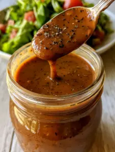 Photo macro de vinaigrette au balsamique épaisse montrant les grains de poivre et les herbes séchées. (vinaigrette au balsamique)