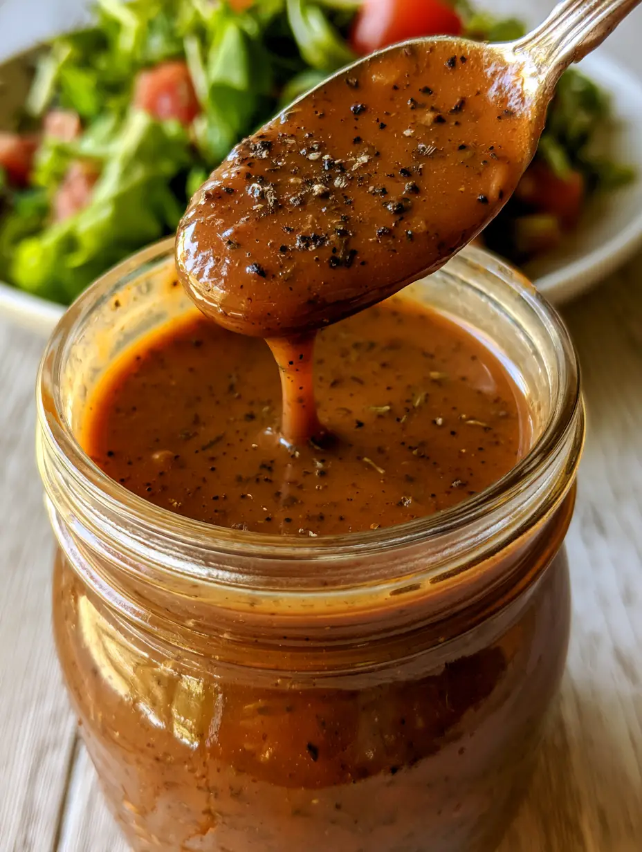 Photo macro de vinaigrette au balsamique épaisse montrant les grains de poivre et les herbes séchées. (vinaigrette au balsamique)