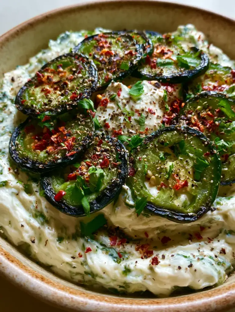 Trempette de cowboy : Le dip crémeux ultime aux jalapeños grillés 1 Gros plan sur les couches de la trempette de cowboy : piments rouges, poivre noir et coriandre.