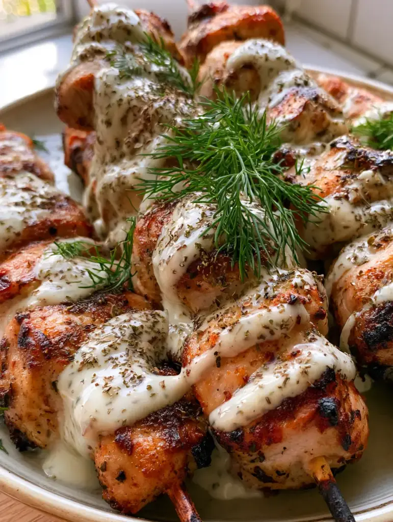 Brochettes de poulet à l'Air Fryer : Le secret d'une viande juteuse et d'une sauce ranch à l'aneth 1 Photo prise au smartphone de brochettes de poulet servies dans une cuisine lumineuse avec herbes fraîches.