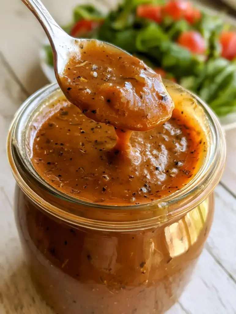 Vinaigrette au balsamique onctueuse dans un bocal en verre sous une lumière naturelle matinale.