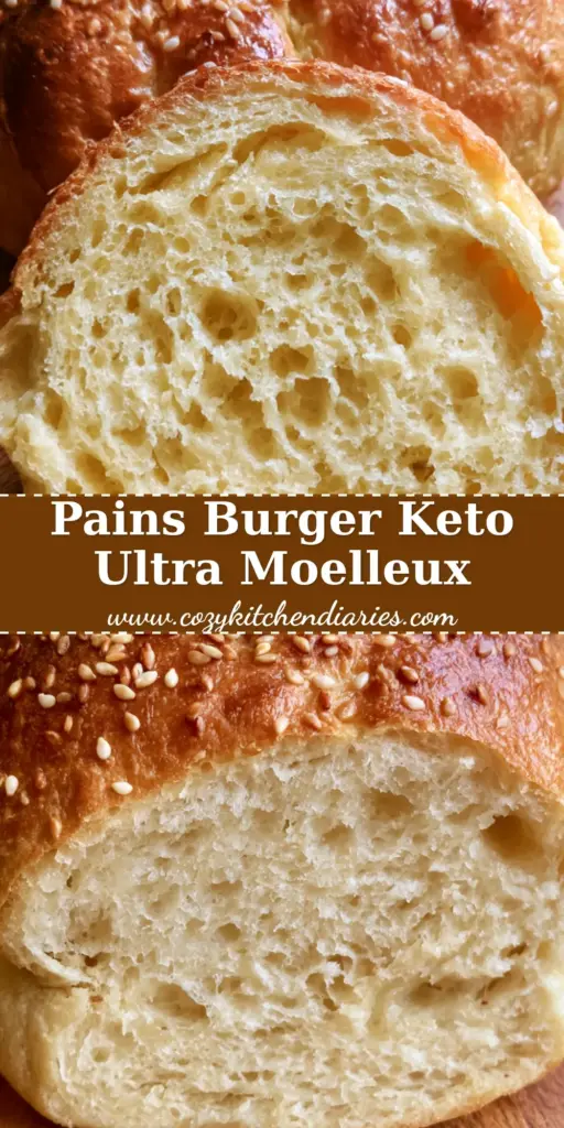 Gros plan d'un pain burger keto coupé en deux révélant une mie moelleuse et aérée sur une planche en bois. (pains burger keto)